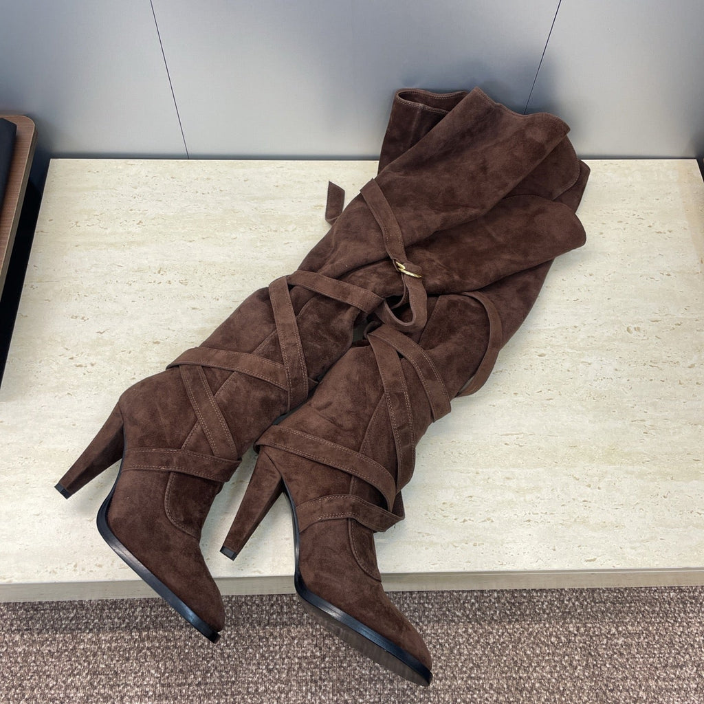YSL Janis Long Boots 95mm Coffee Suede 551941