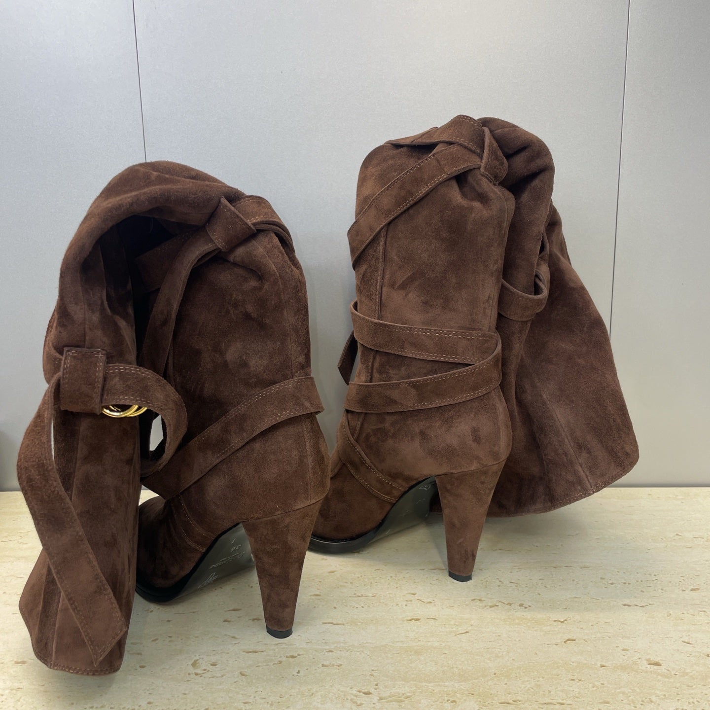 YSL 2025 Chunky Heel Pointed Toe Over-the-Knee Rider Boot Brown Suede 574019