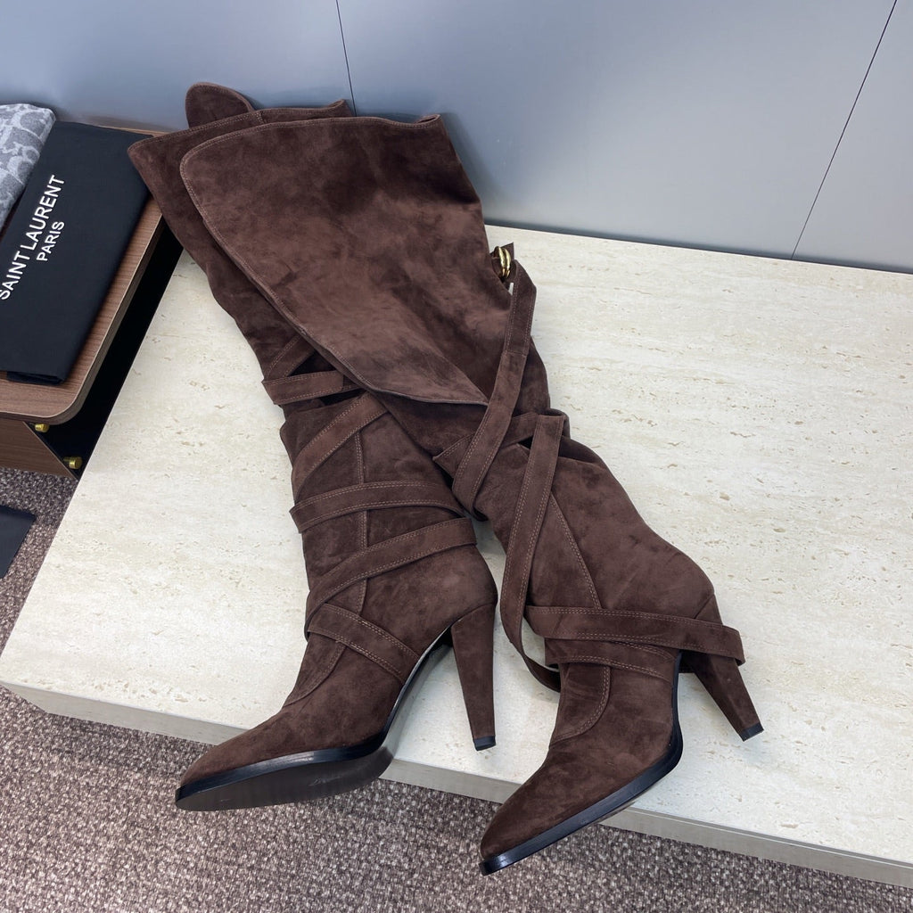 YSL 2025 Chunky Heel Pointed Toe Over-the-Knee Rider Boot Brown Suede 574019