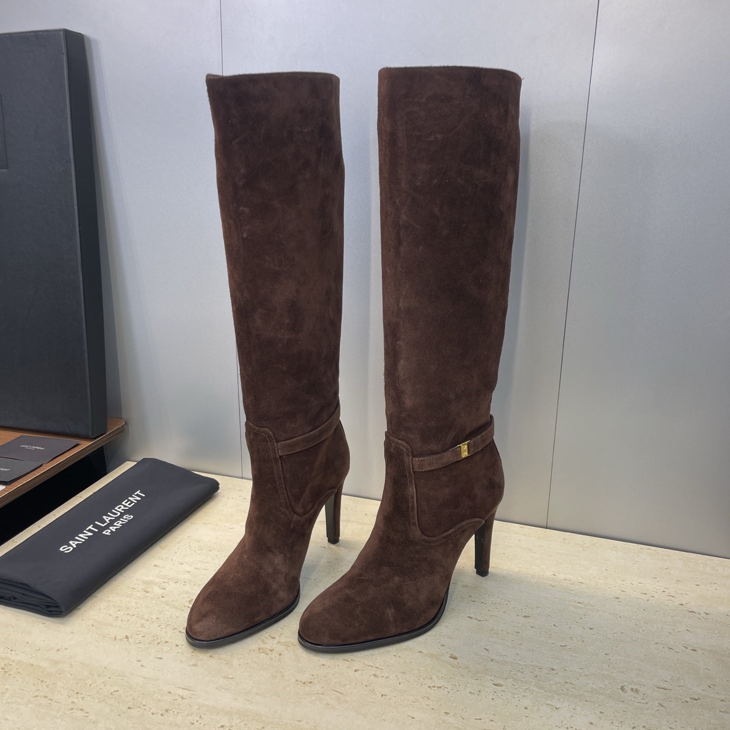 YSL 2025 High-Heeled Pointed-Toe Knee-High Rider Boot Brown Suede 574020