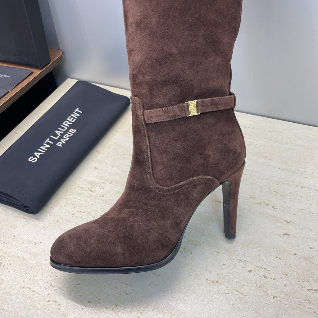 YSL 2025 High-Heeled Pointed-Toe Knee-High Rider Boot Brown Suede 574020