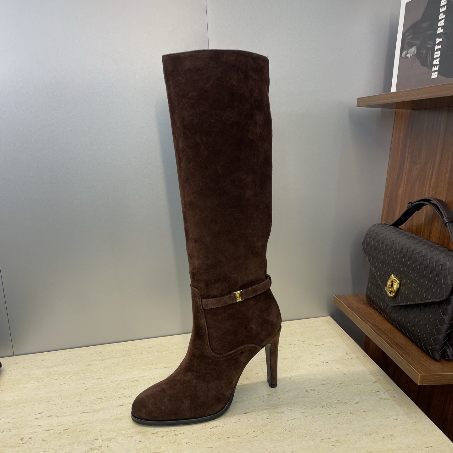 YSL 2025 High-Heeled Pointed-Toe Knee-High Rider Boot Brown Suede 574020