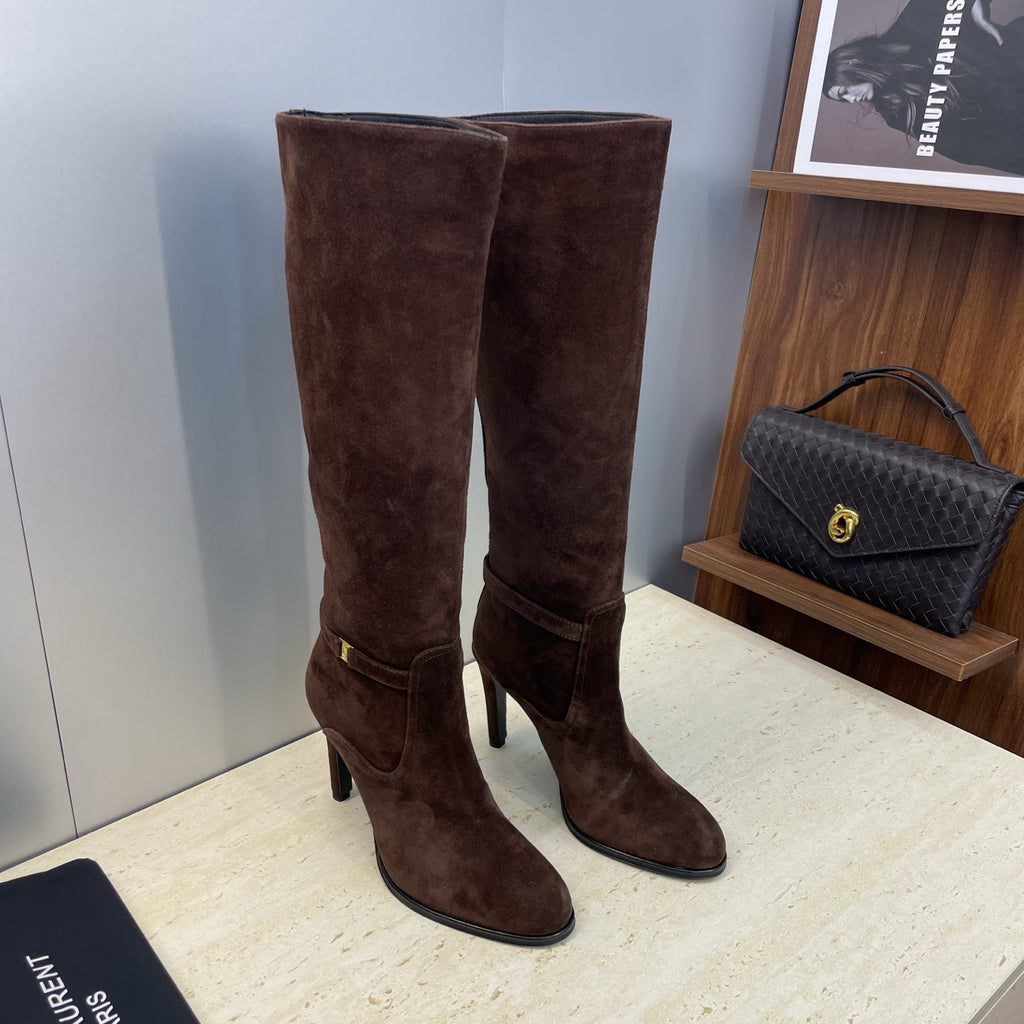 YSL 2025 High-Heeled Pointed-Toe Knee-High Rider Boot Brown Suede 574020
