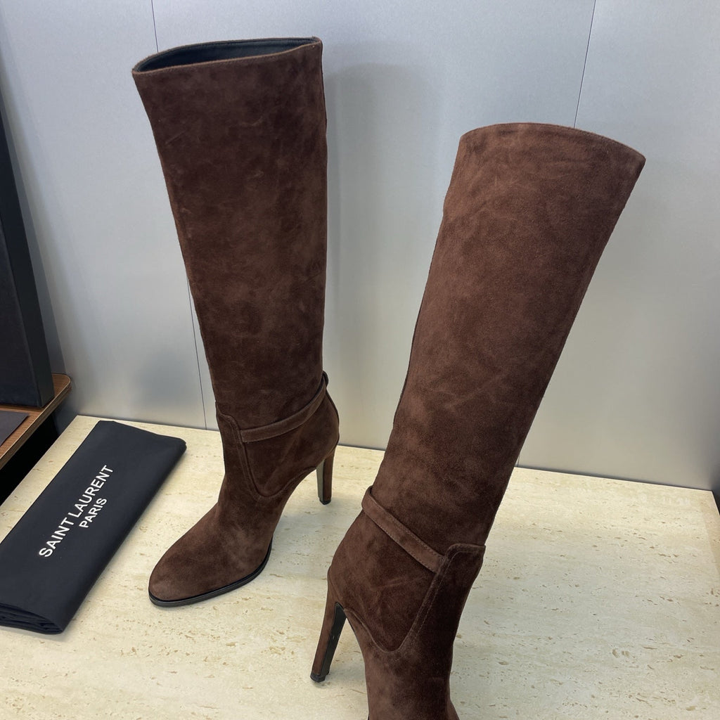 YSL 2025 High-Heeled Pointed-Toe Knee-High Rider Boot Brown Suede 574020