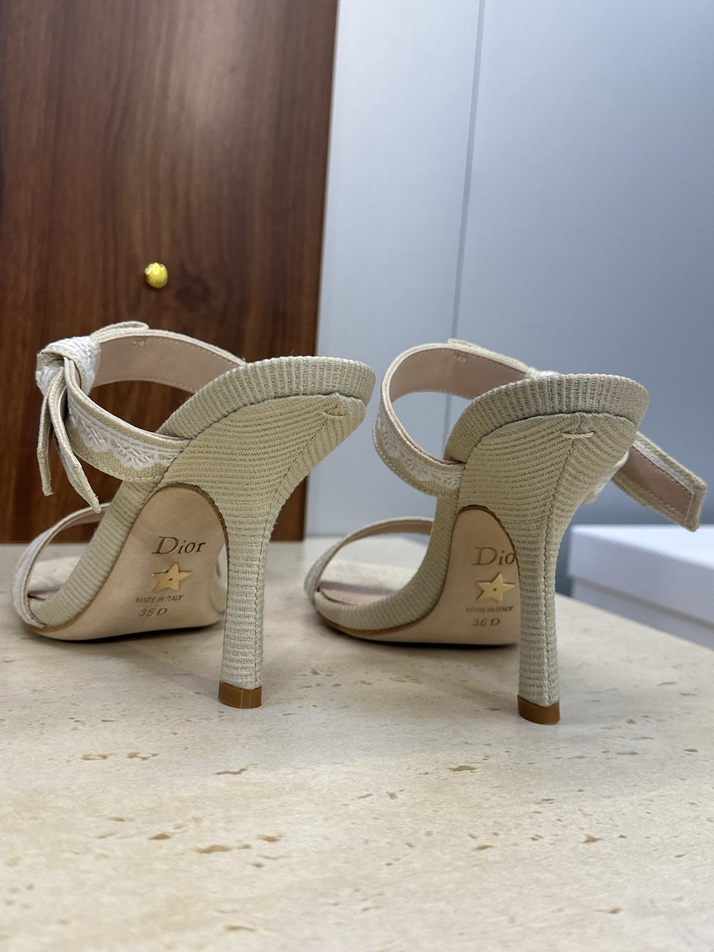 CD 26s Heeled Sandal 10cm Light Taupe Beige Leather Fabric 633068