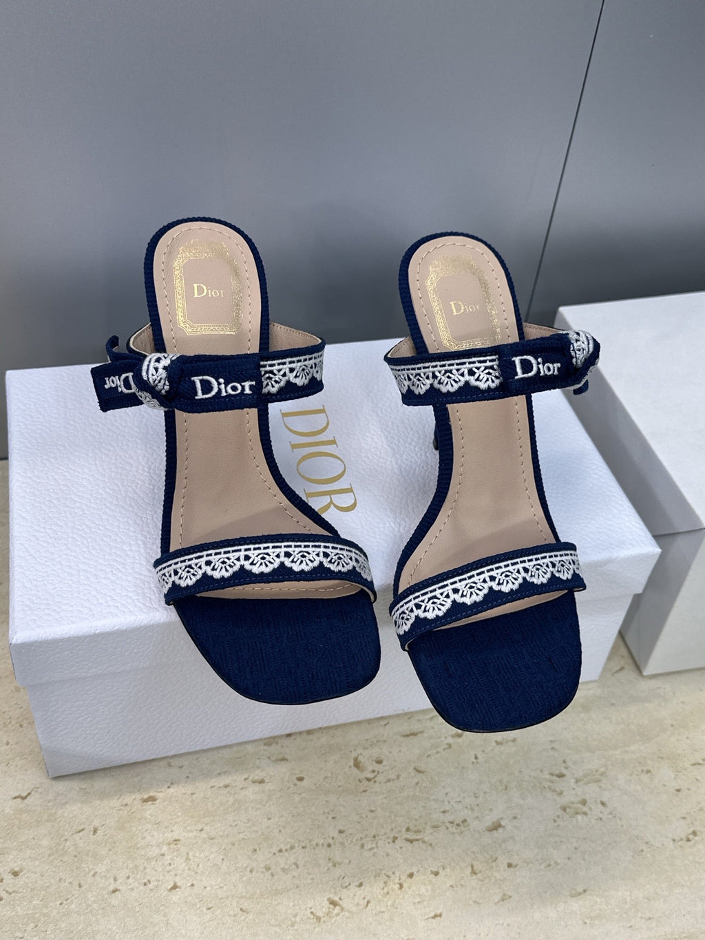 CD 26s Heeled Sandal 10cm Navy Blue Beige Leather Fabric 633070