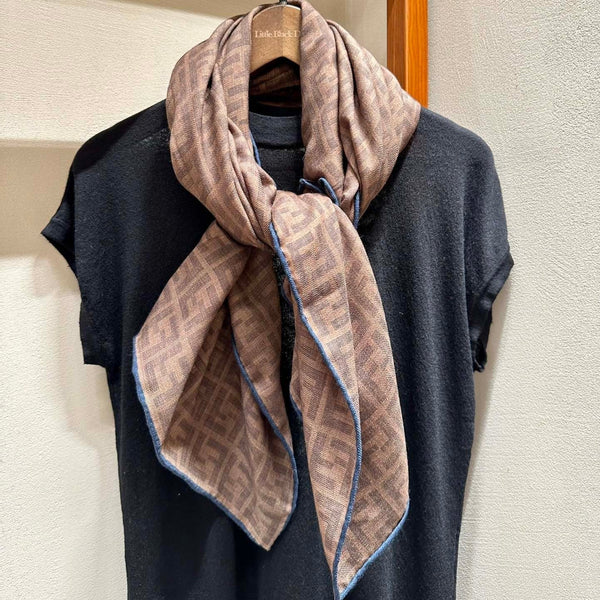 FF SHAWL 185 CM IN COFFEE BROWN SILK AND WOOL WITH BLUE BORDER 413672