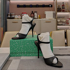 OPEN TOE STRAPPY HIGH HEEL IN BLACK CALFSKIN