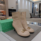 ROUND-TOE HIGH HEEL BOOTS IN BEIGE SMOOTH LAMBSKIN