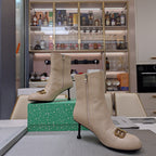 ROUND-TOE HIGH HEEL BOOTS IN BEIGE SMOOTH LAMBSKIN