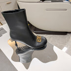ROUND-TOE HIGH HEEL BOOTS IN BLACK SMOOTH LAMBSKIN