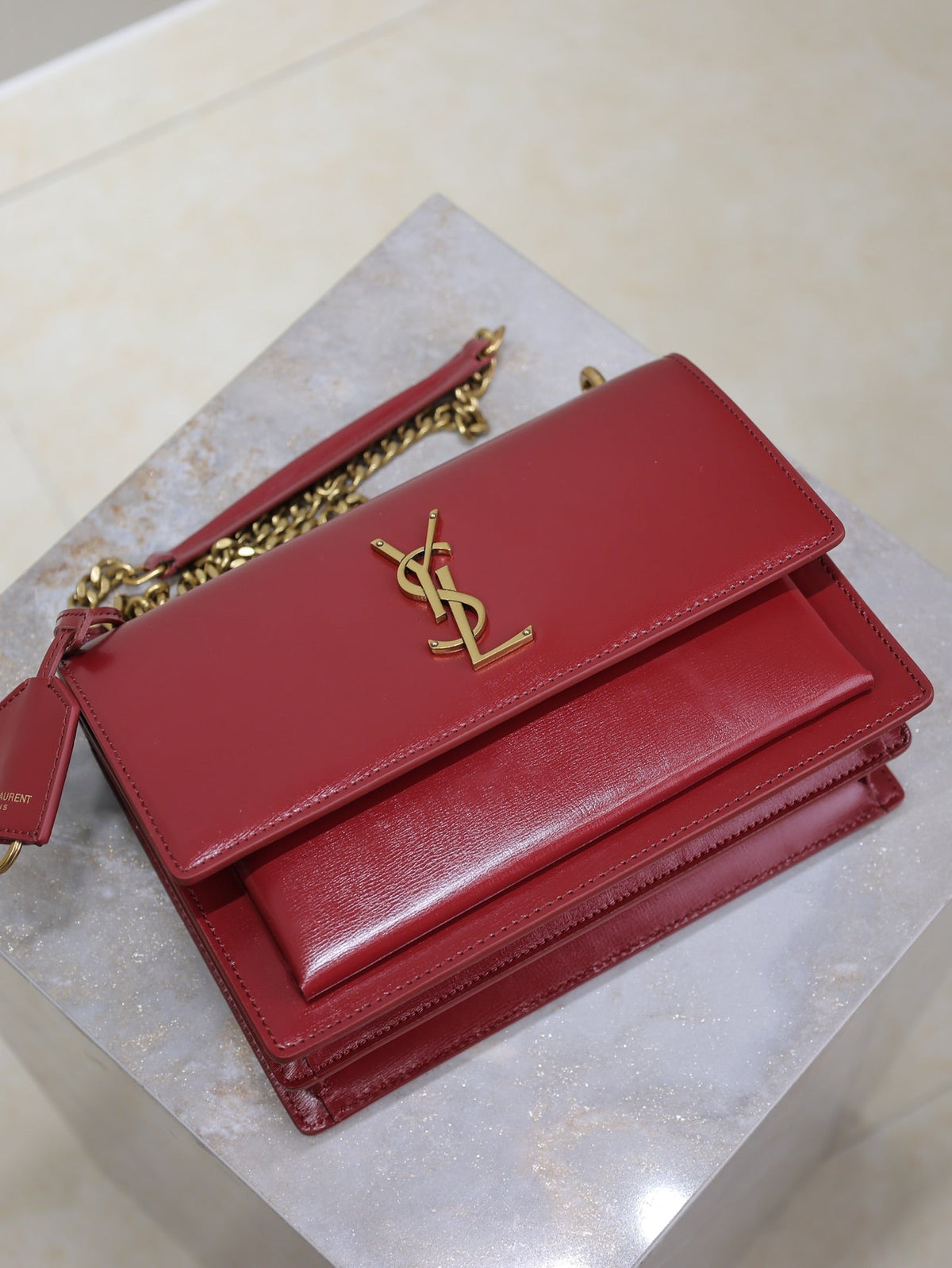 YSL Medium Sunset Shoulder Bag 22cm Burgundy Cowhide GHW