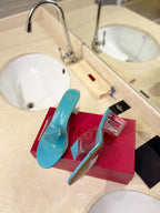 HIGH MULE 60MM IN AQUA BLUE SHEEPSKIN AND TRANSPARENT PVC