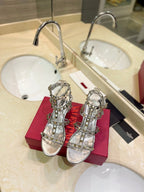 ROCKSTUD SANDAL WITH STRAP IN SILVER CALFSKIN 60 MM