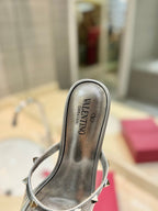ROCKSTUD MULE SANDALS IN SILVER CALFSKIN AND TRANSPARENT PVC FILM