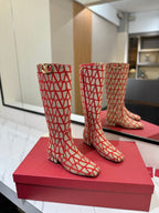 Valentino Garavani VLogo Tall Monogram High Boots 30mm In Beige Mix Red Canvas Fabric 992789