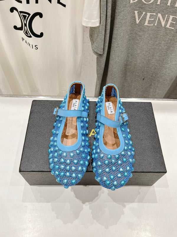 ALAIA PEARL MARY JANE SHOES IN CERULEAN BLUE MESH AND CALFSKIN