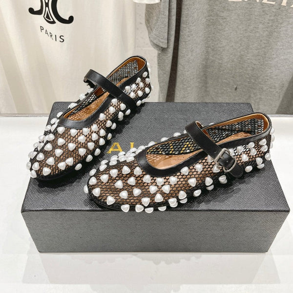 ALAIA PEARL MARY JANE SHOES IN BLACK MIX WHITE MESH AND CALFSKIN