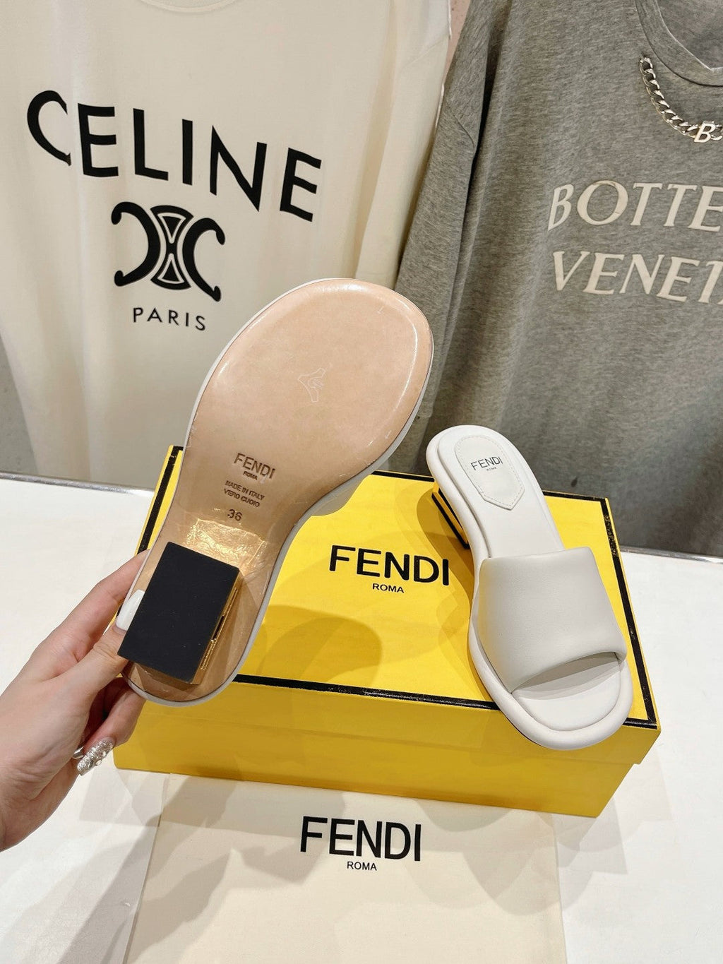 FENDI BAGUETTE MEDIUM-HEEL SANDALS 45 MM IN WHITE CALFSKIN