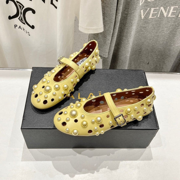 ALAIA PEARL MARY JANE SHOES IN YELLOW CORN LAMBSKIN