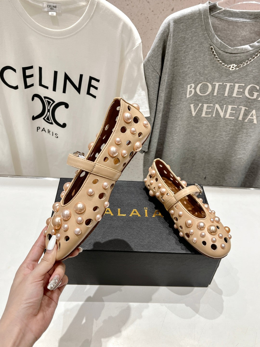 ALAIA PEARL MARY JANE SHOES IN BISQUE BEIGE LAMBSKIN