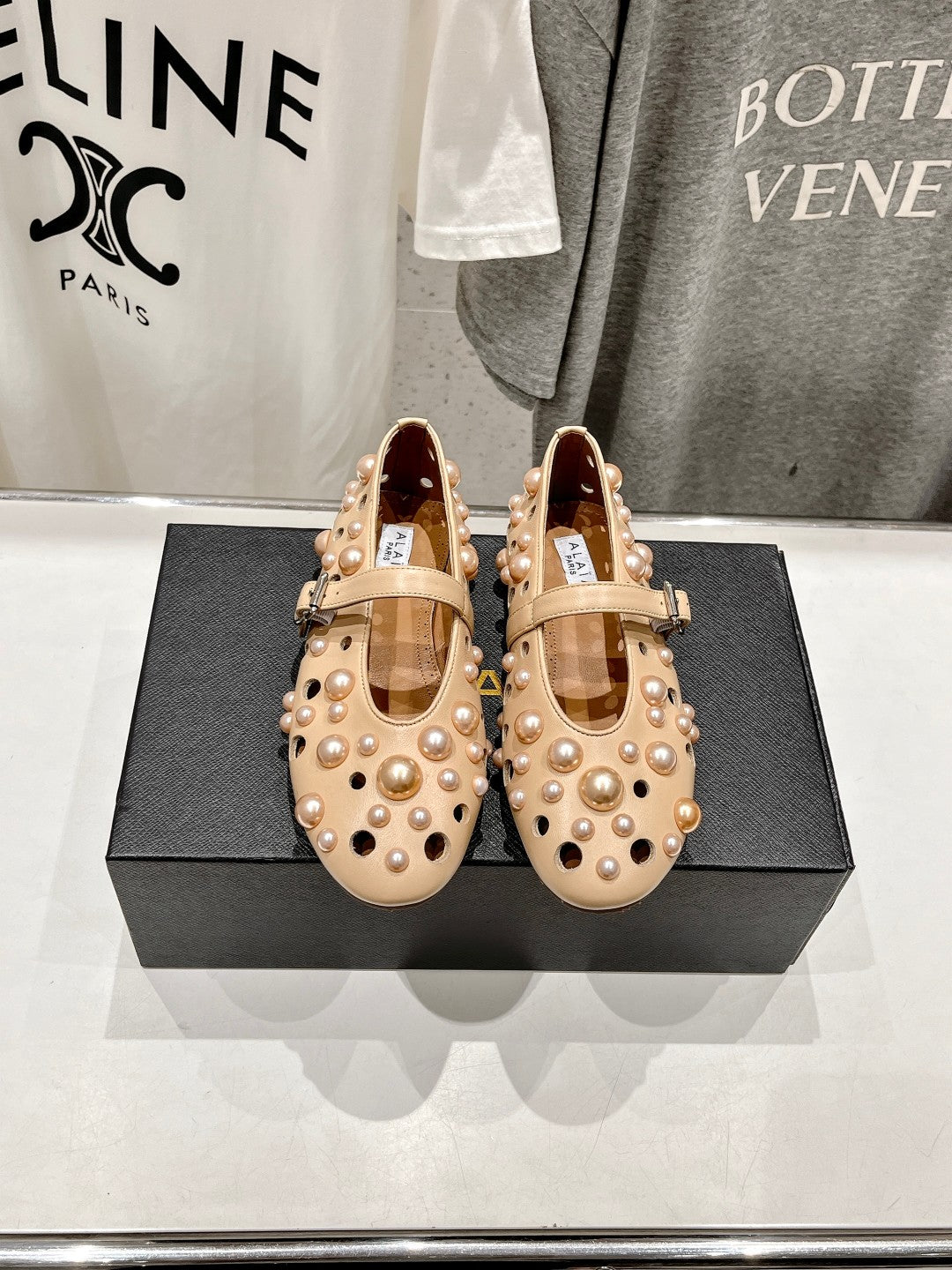 ALAIA PEARL MARY JANE SHOES IN BISQUE BEIGE LAMBSKIN