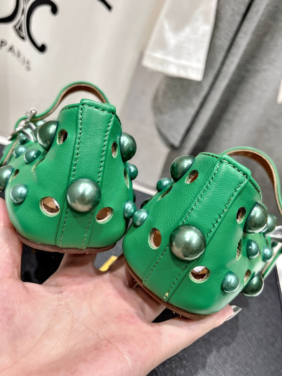 ALAIA PEARL MARY JANE SHOES IN EMERALD GREEN LAMBSKIN