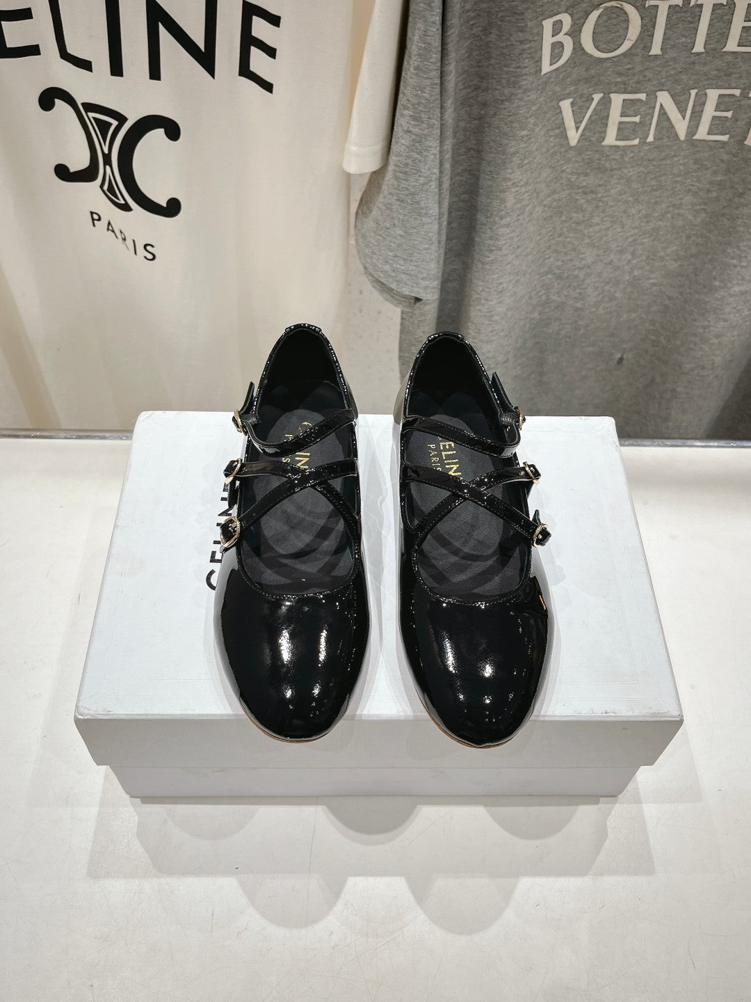 Celin Ballerina Triple Strap Black Patent Calfskin