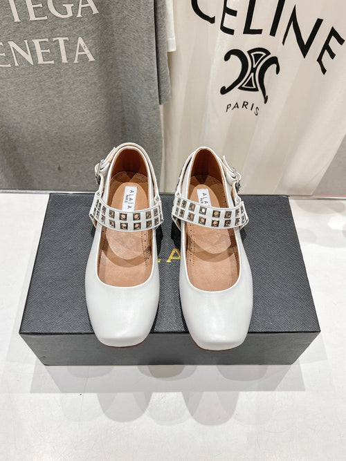 Alaila Biker Ballet Flats In White Cowhide 911438