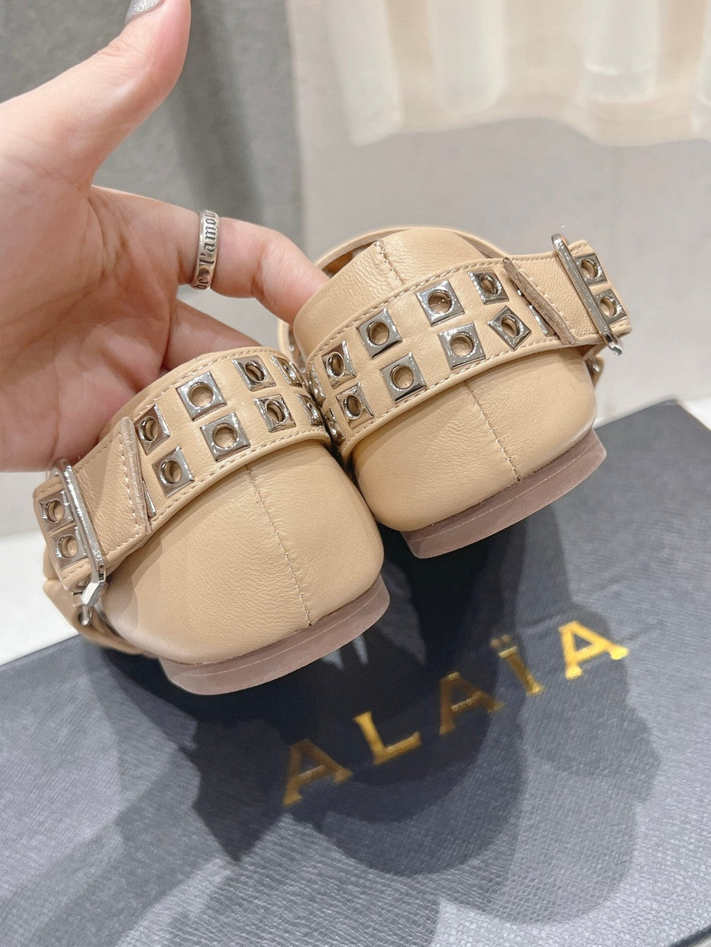 Alaila Biker Ballet Flats In Beige Cowhide 911448