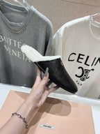 Miu Slippers Glossy Black Imported Sheepskin