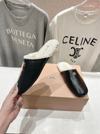 Miu Slippers Glossy Black Imported Sheepskin