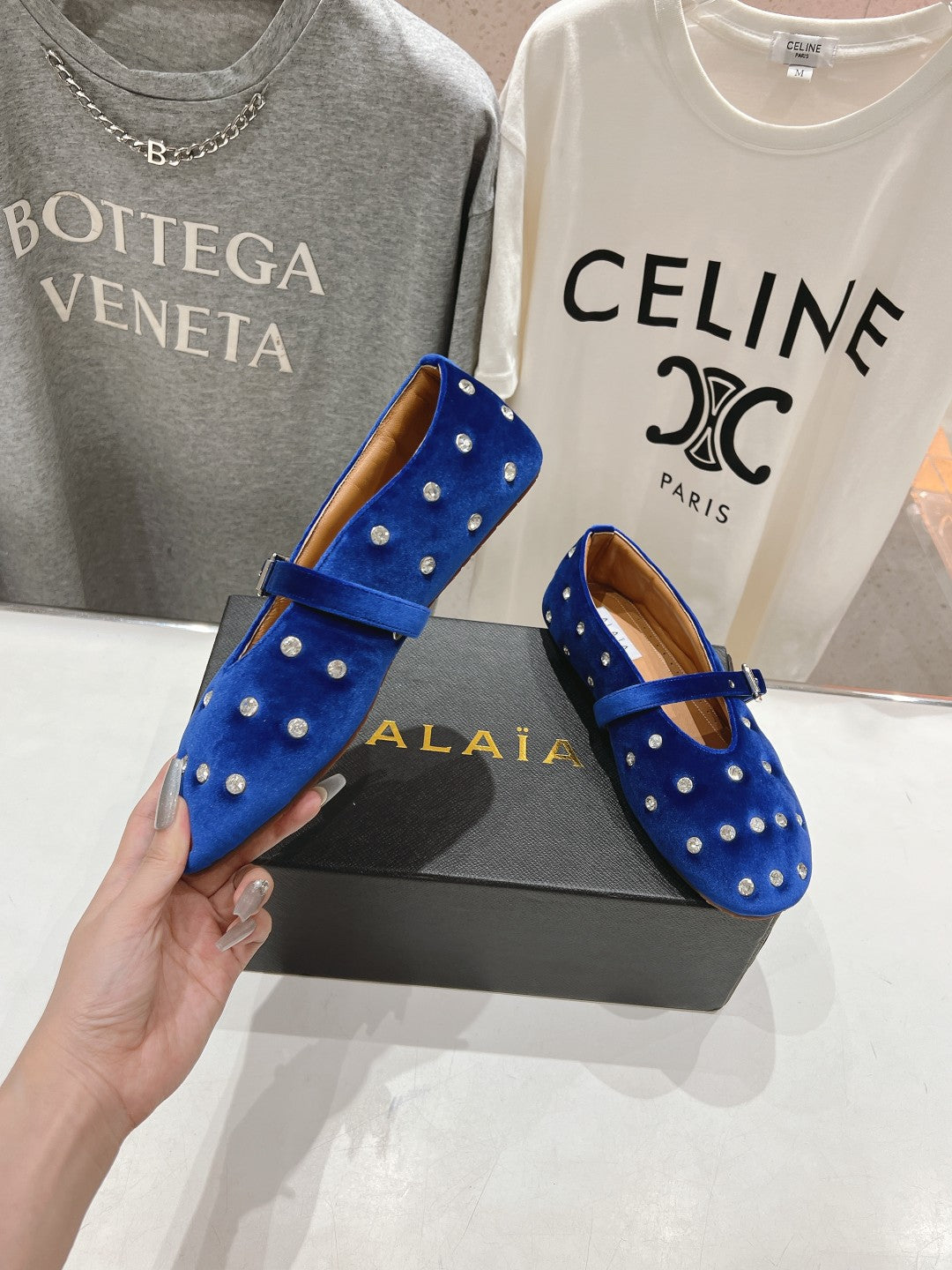 Alaila Ballet Flats In Dark Blue Velvet With Rhinestones 971996