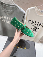 Alaila Ballet Flats In Green Velvet With Rhinestones 972004