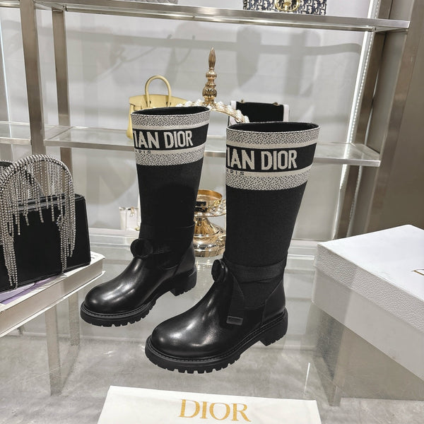 CD D-Major Boot Black Mix White Calfskin And Denim Fabric