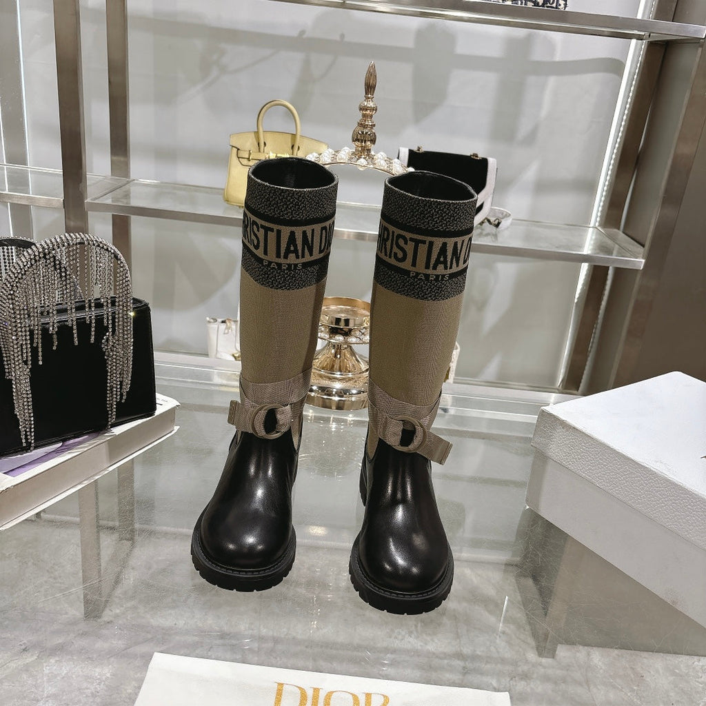 CD D-Major Boot Taupe Mix Black Calfskin And Denim Fabric