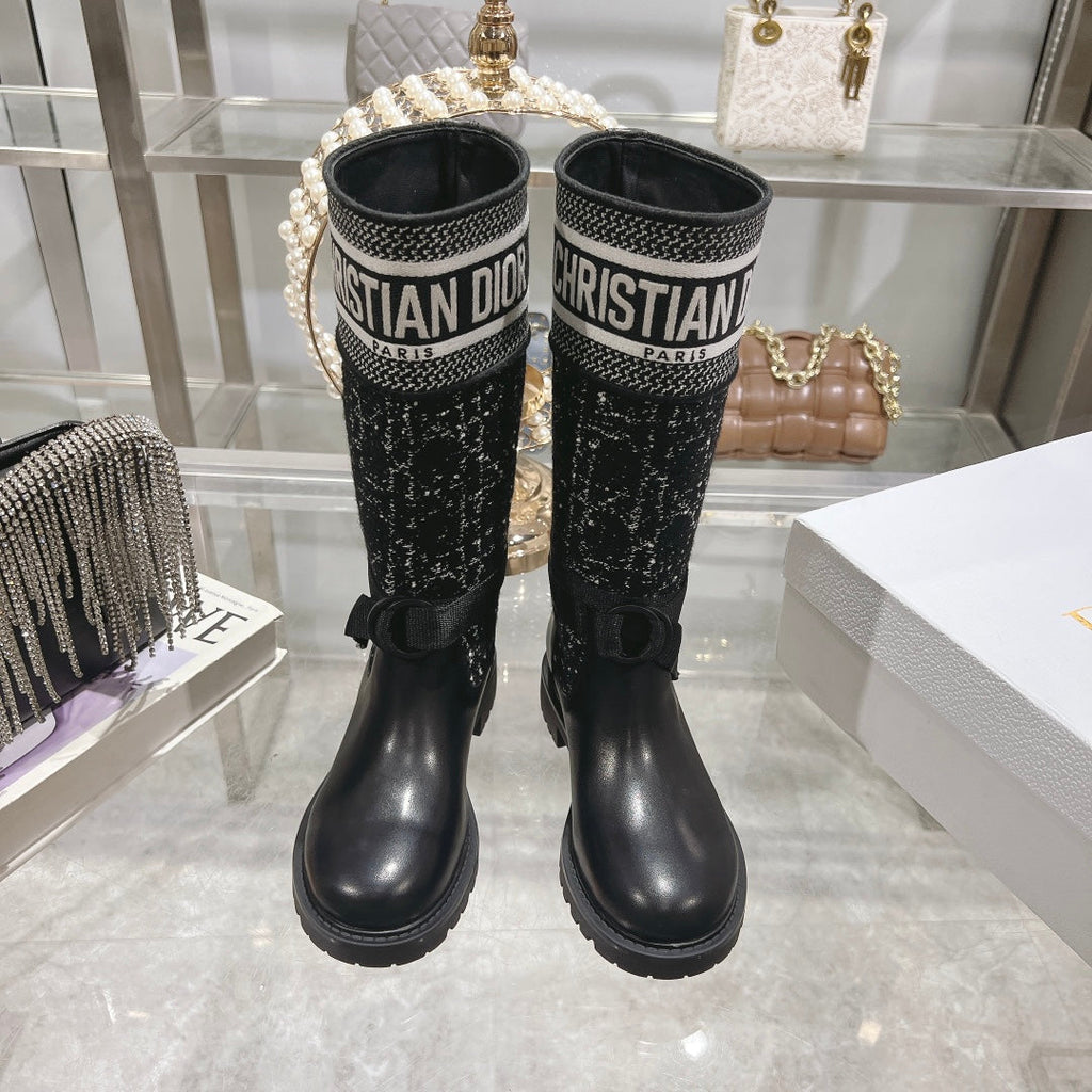 CD D-Major Boot Black Mix White Calfskin And Tweed Fabric