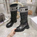 CD D-Major Boot Black Mix White Calfskin And Tweed Fabric