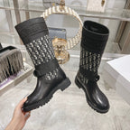 CD D-Major Boot Black Mix White Calfskin And Oblique Jacquard Fabric