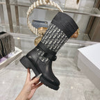 CD D-Major Boot Black Mix White Calfskin And Oblique Jacquard Fabric