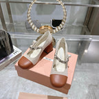 Miu 25C Mary Jane 75MM Beige Cream Mix Brown Fabric 235367