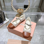 Miu 25C Mary Jane Flat Beige Cream Mix Brown Fabric 235369