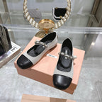Miu 25C Mary Jane Flat Beige Gray Mix Black Fabric 235370