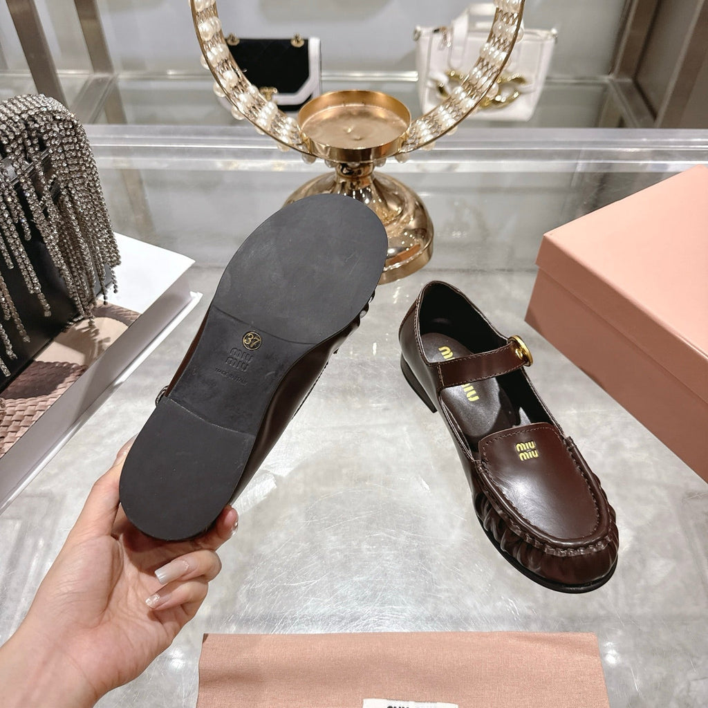 Miu Mary Jane Ballet Flats Brown Calfskin 592044