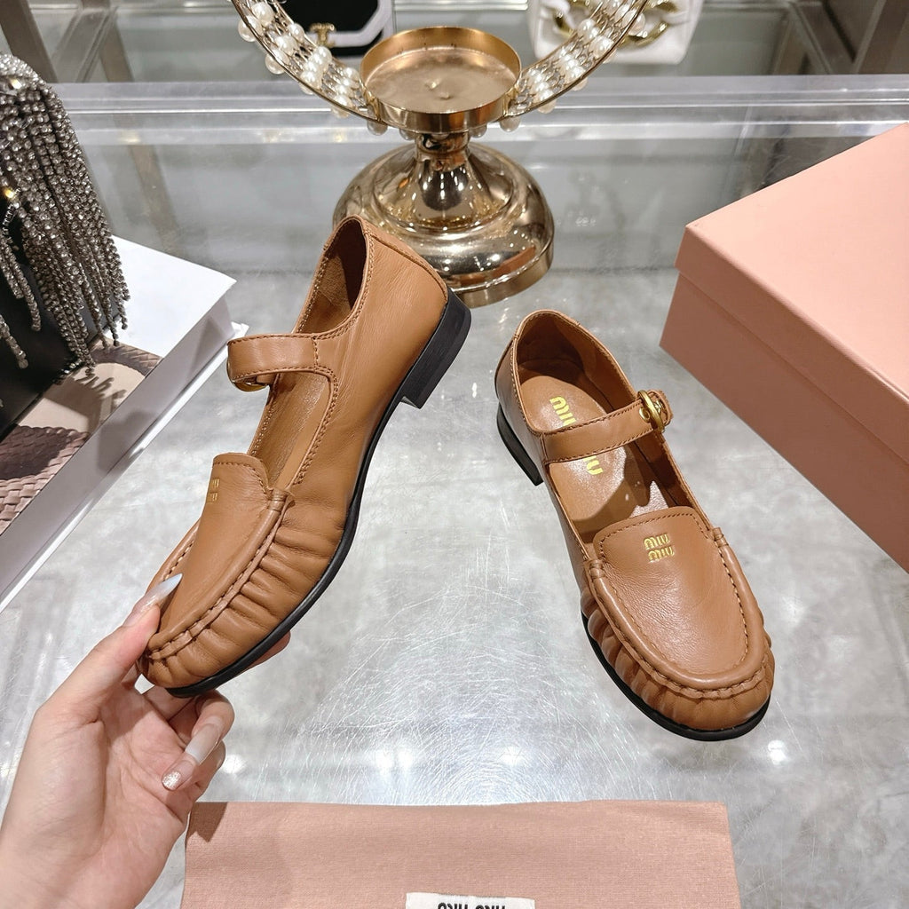 Miu Mary Jane Ballet Flats Camel Brown Calfskin 592045