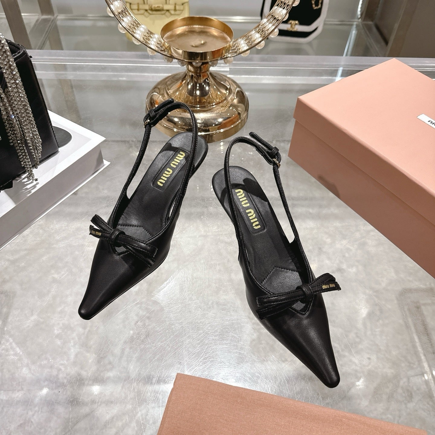 Miu 26 High Heel Slingback 45 Black Leather 592094