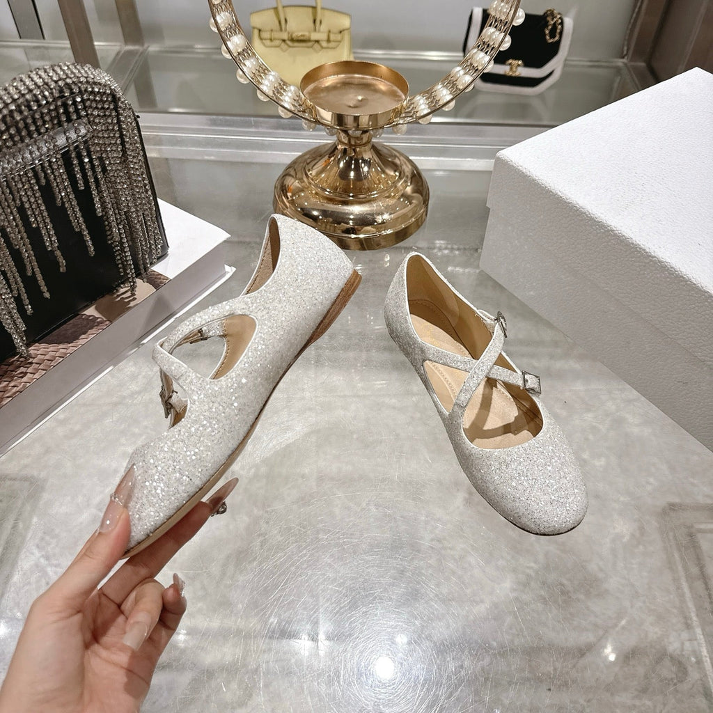 CD 26 Ballet Flats Metallic Silver Leather With Sequins 592214