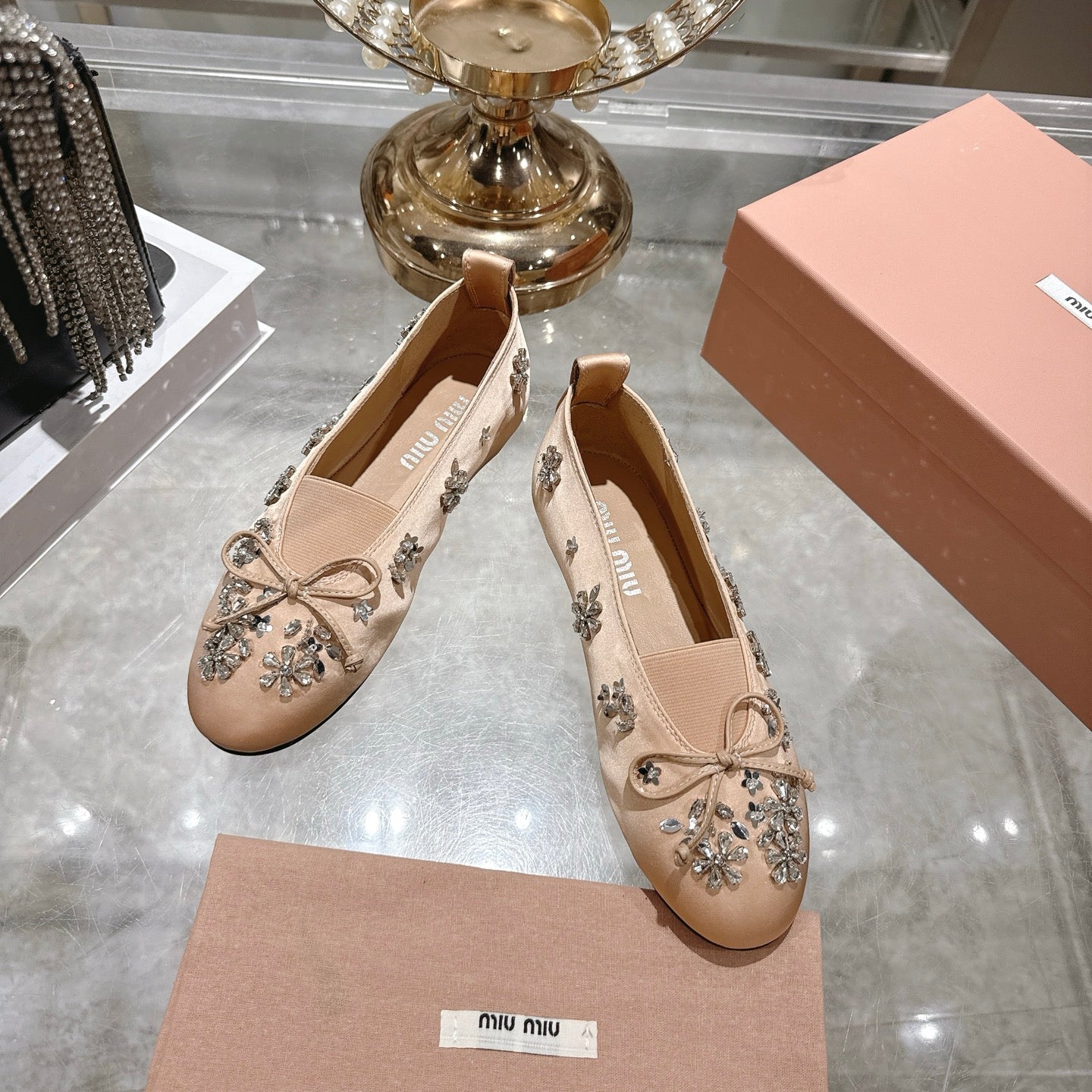 Miu 26 Ballet Flats with Crystal Rhinestones Light Pink Silk Satin 592101