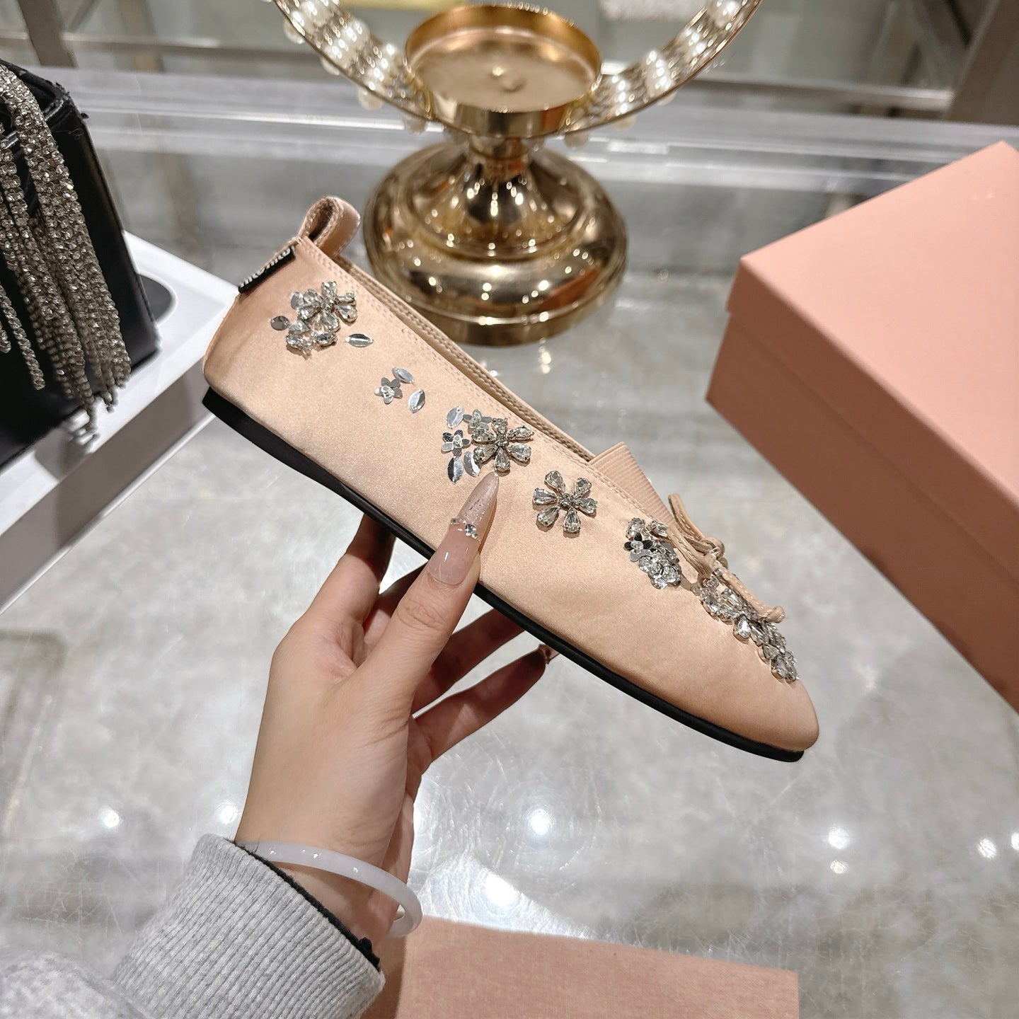 Miu 26 Ballet Flats with Crystal Rhinestones Light Pink Silk Satin 592101
