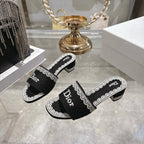 CD 26 Embroidered Sandals 45mm Black White Canvas 592240